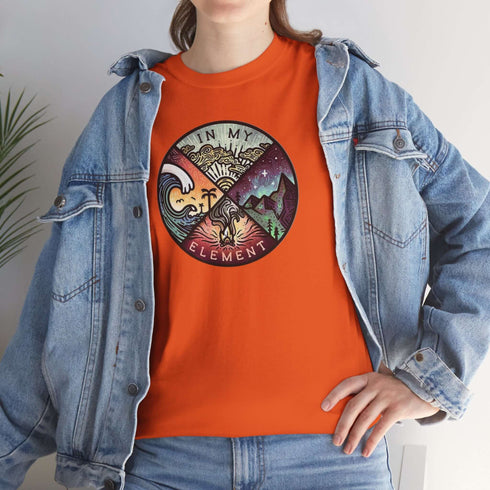 The In My Element t-shirt features a striking circular graphic representing the four classical elements—Fire, Water, Wind, and Earth.